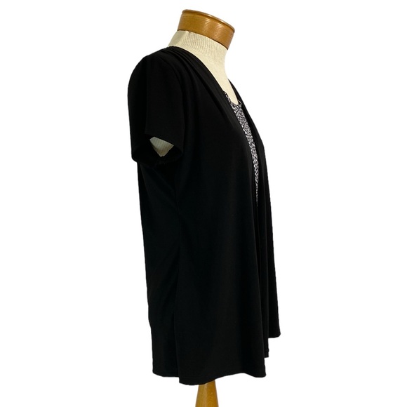 2 in 1 Short Sleeve Black Flyaway Cardigan, Attached Tank Black White Print Med - Picture 3 of 8